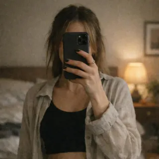 A mirror selfie where the phone hides the woman's face