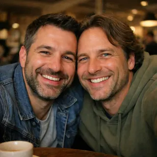 Two friends squeezed into one selfie at a café