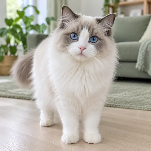 一只蓝眼睛的白色布偶猫站在客厅的木地板上