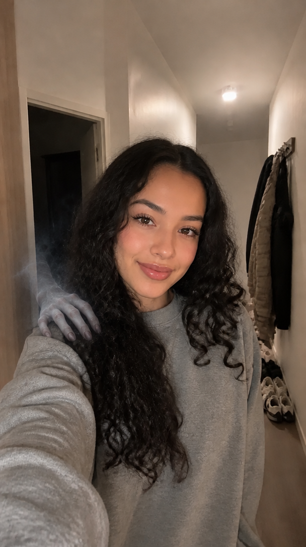 A smiling woman's selfie with a pale, long-fingered hand resting on her shoulder from the dark doorway