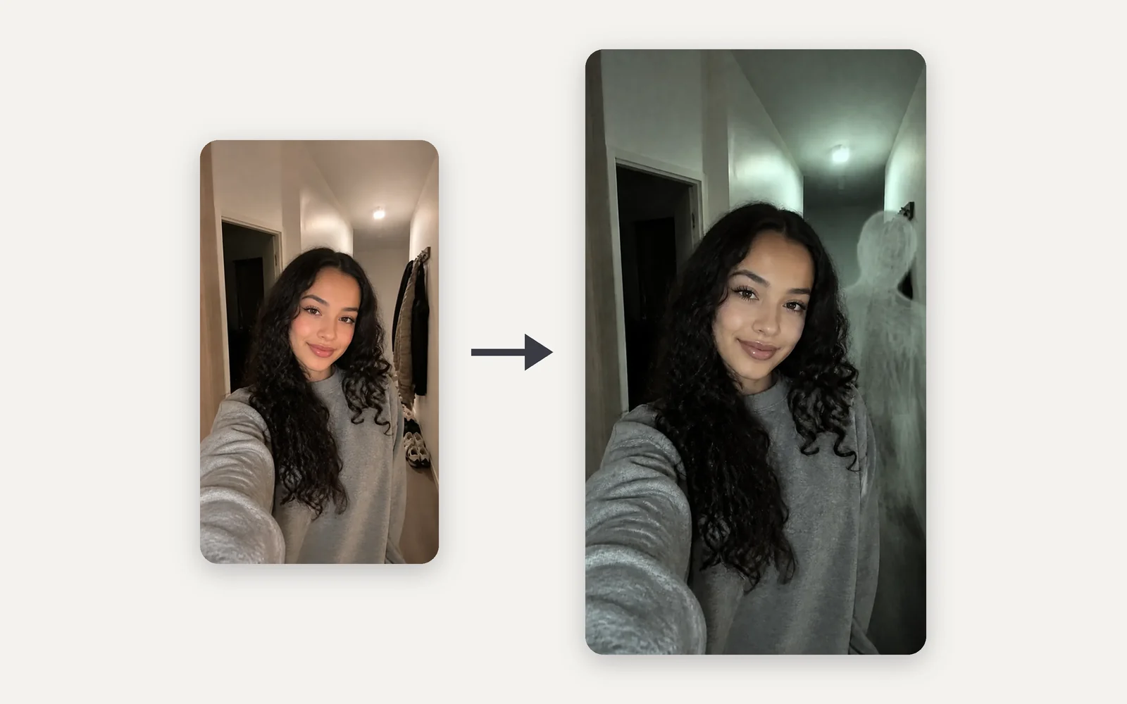 A smiling woman's hallway selfie, and her ghost photo with a pale, faceless mist ghost standing behind her shoulder
