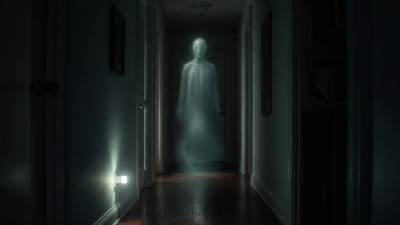 A translucent, faceless ghost made of pale mist floating in a dark apartment hallway