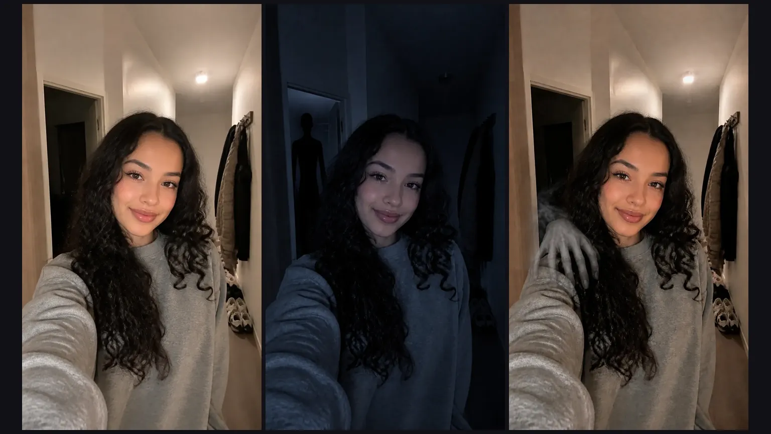 Three frames of the same hallway selfie: normal light, the lights dimmed with a shadow in the doorway, and a pale hand on her shoulder