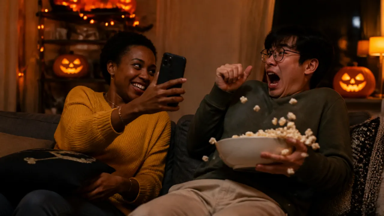 A woman shows her phone to a friend on the couch, who jumps back laughing and spills popcorn