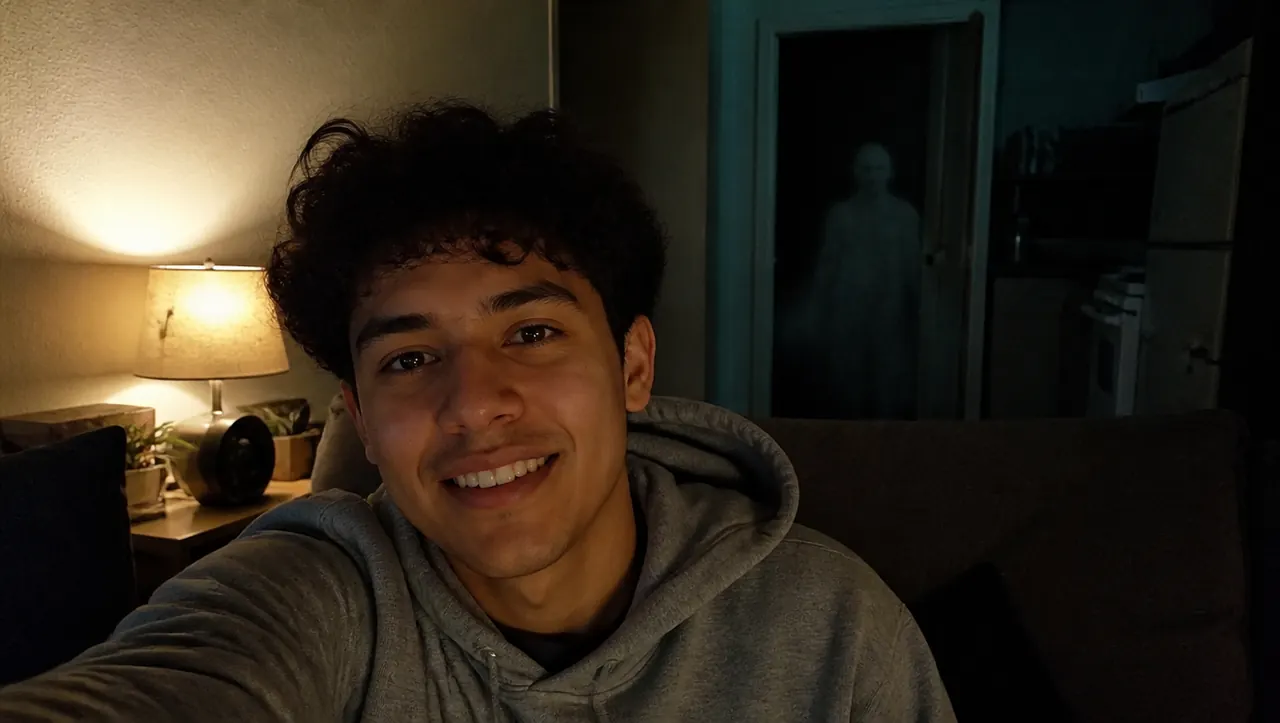 A man smiling in a sofa selfie while a faint pale ghost stands in the dark kitchen doorway behind him