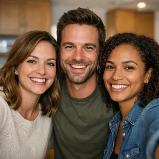 A group selfie of three friends in a kitchen