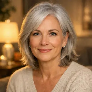 A woman's face evenly lit by a lamp, the room blurred behind her