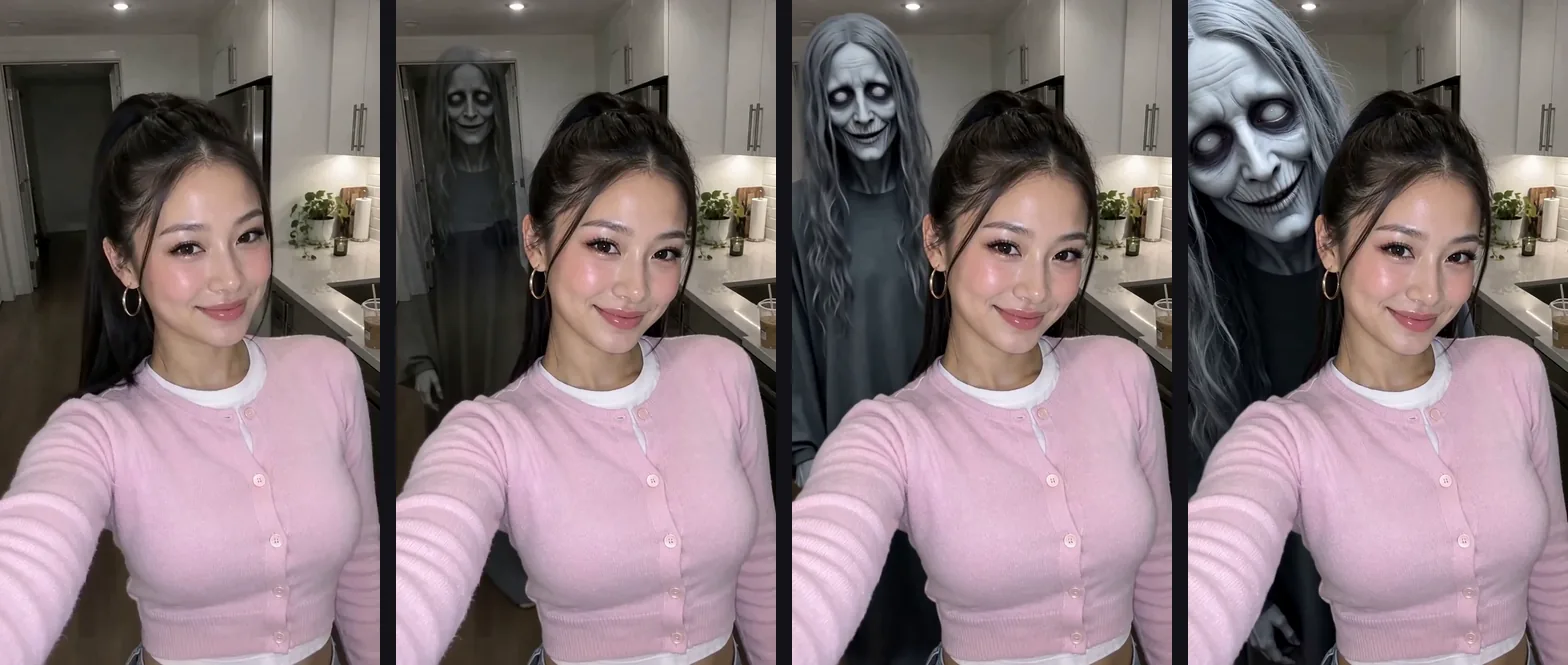 同一段鬼滤镜整蛊视频的四帧并排：厨房里微笑的年轻女生，随后苍白的灰发鬼出现在她身后的门口、走近，最后到了她肩旁