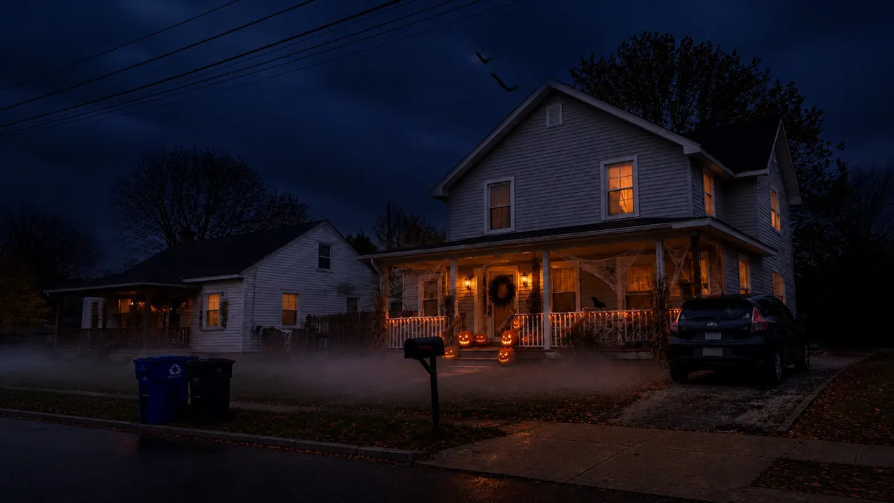 A decorated house at night with fog drifting across the lawn and a glowing upstairs window