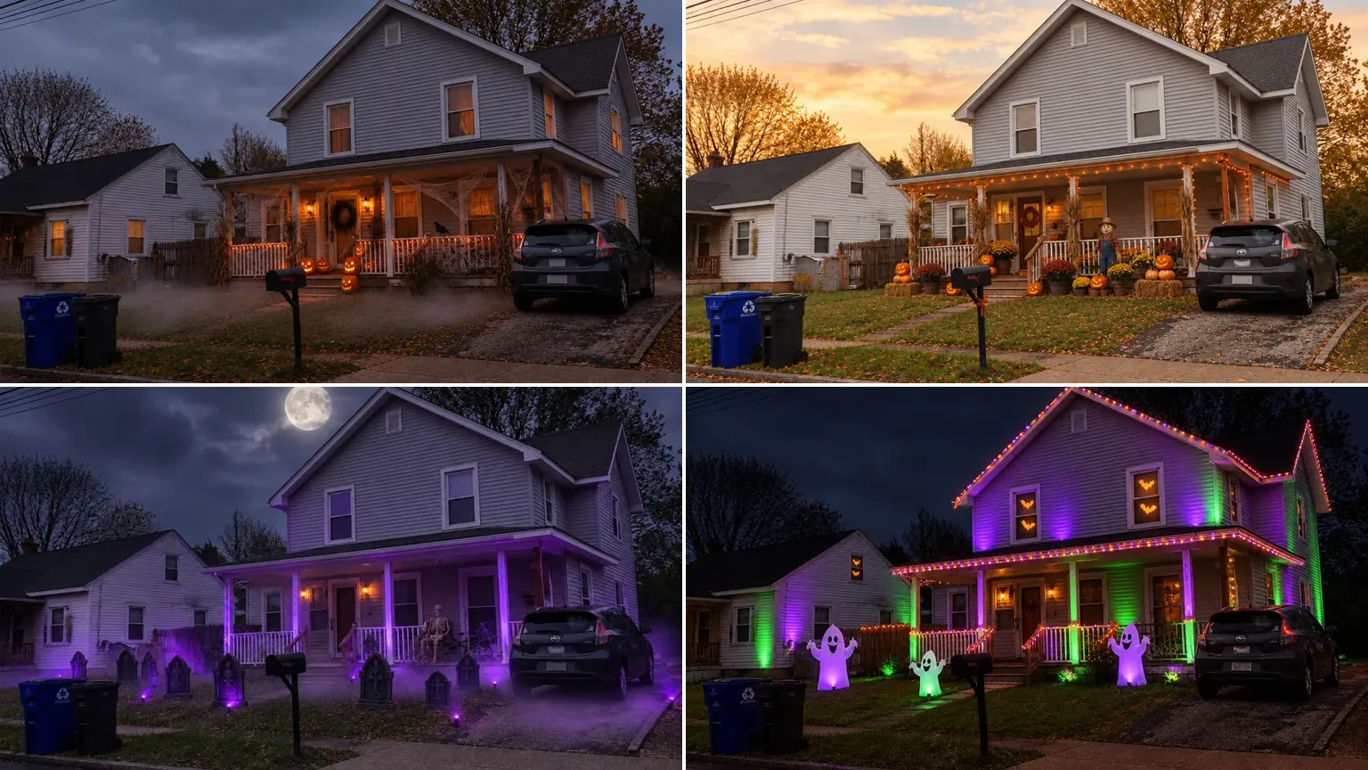 Four Halloween looks on the same house: classic spooky at dusk, pumpkin patch at sunset, graveyard by moonlight and a neon party at night
