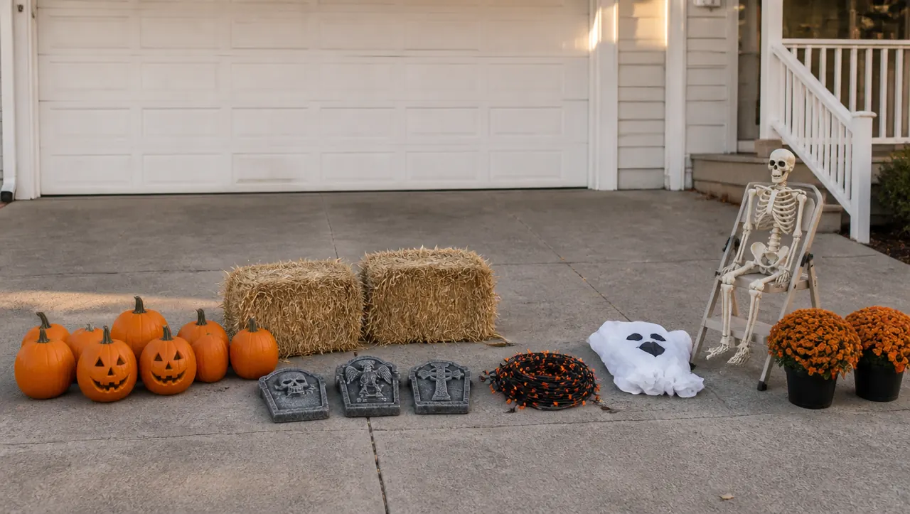 Pumpkins, hay bales, foam tombstones, string lights and a folded inflatable ghost laid out on a driveway before decorating