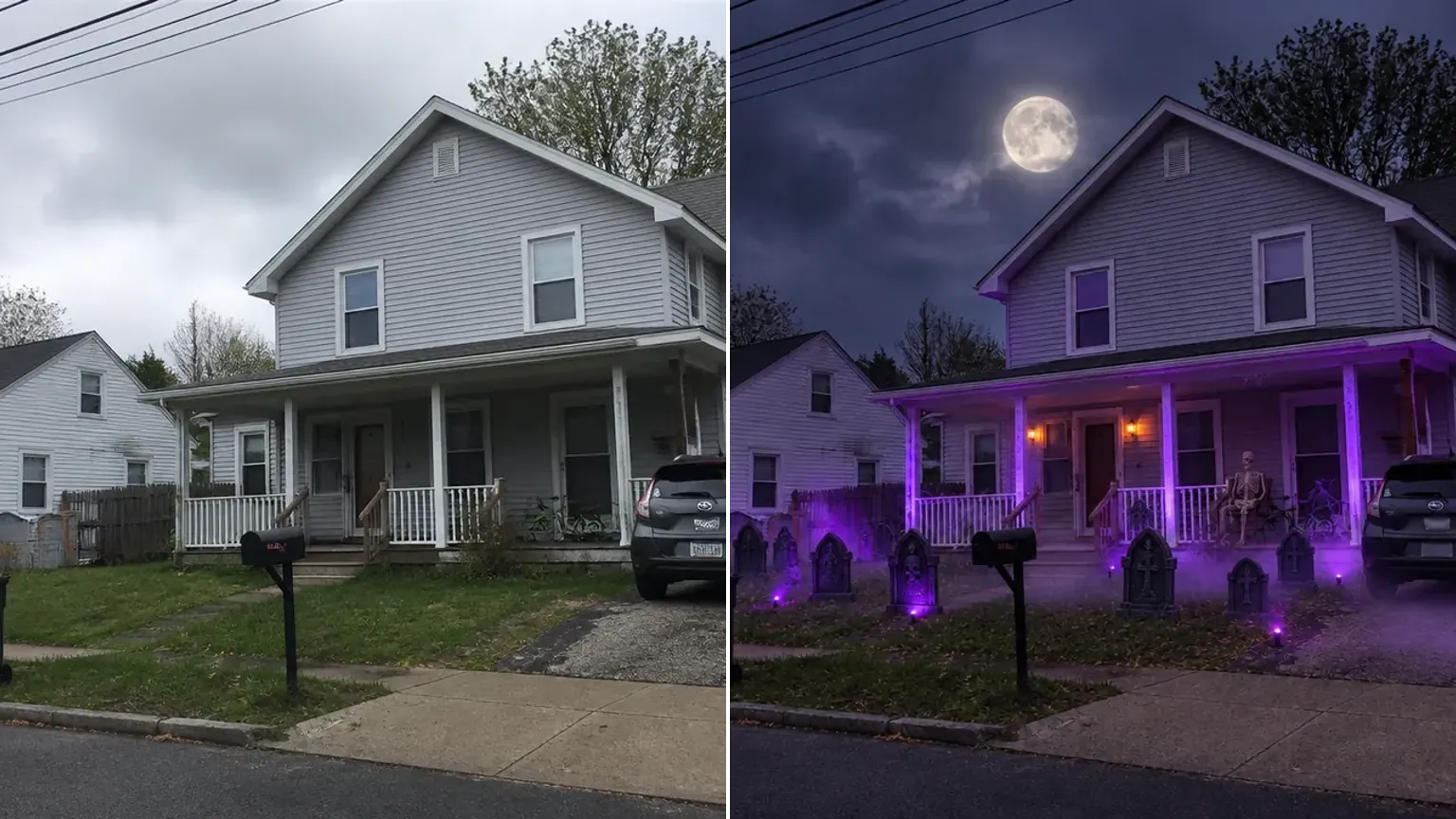 Before and after of the same house: overcast daylight on the left, a moonlit Halloween graveyard yard on the right, roofline unchanged