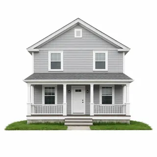 A house front photographed straight on with the roof, porch and lawn in frame