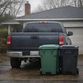A house hidden behind a parked truck and trash bins