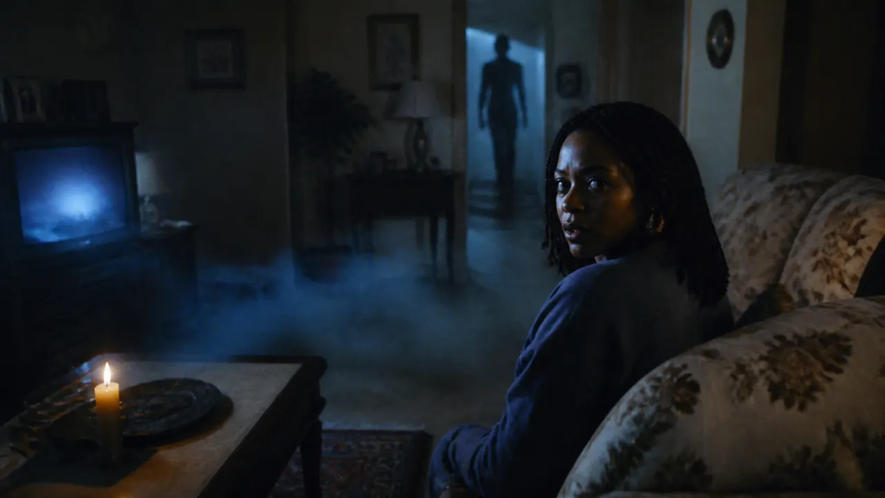 A woman on a couch lit by TV glow as fog drifts across the floor and a blurred shadow crosses the hallway behind her