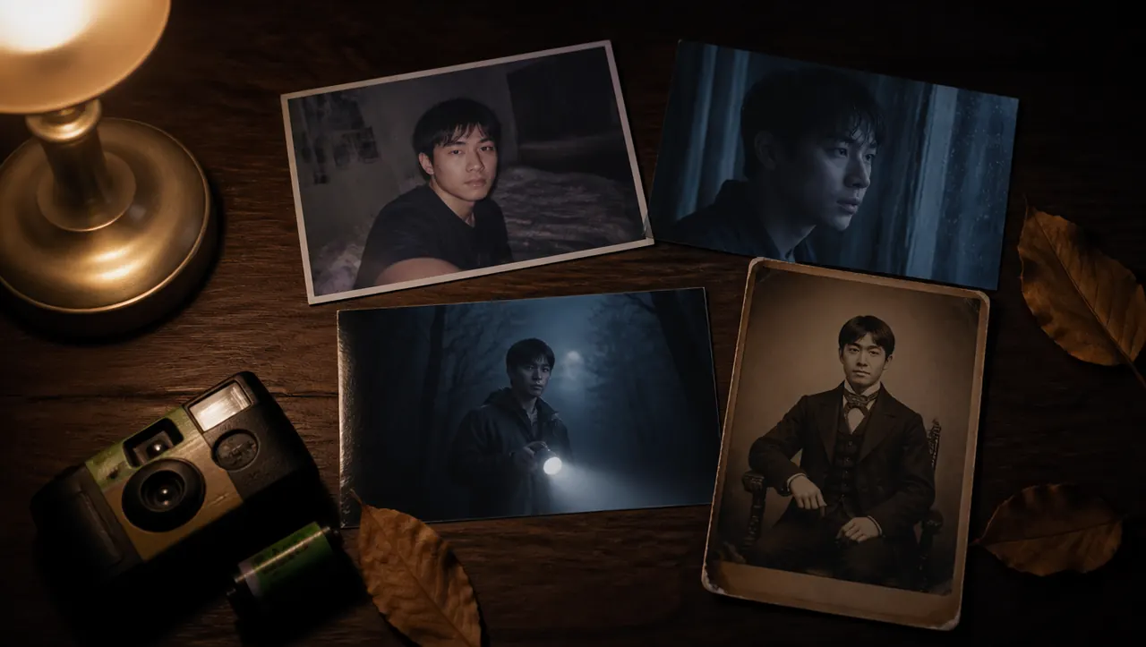 Four printed horror stills of the same man on a dark table: a flash snapshot, a blue VHS-style still, a foggy forest and a sepia cabinet card