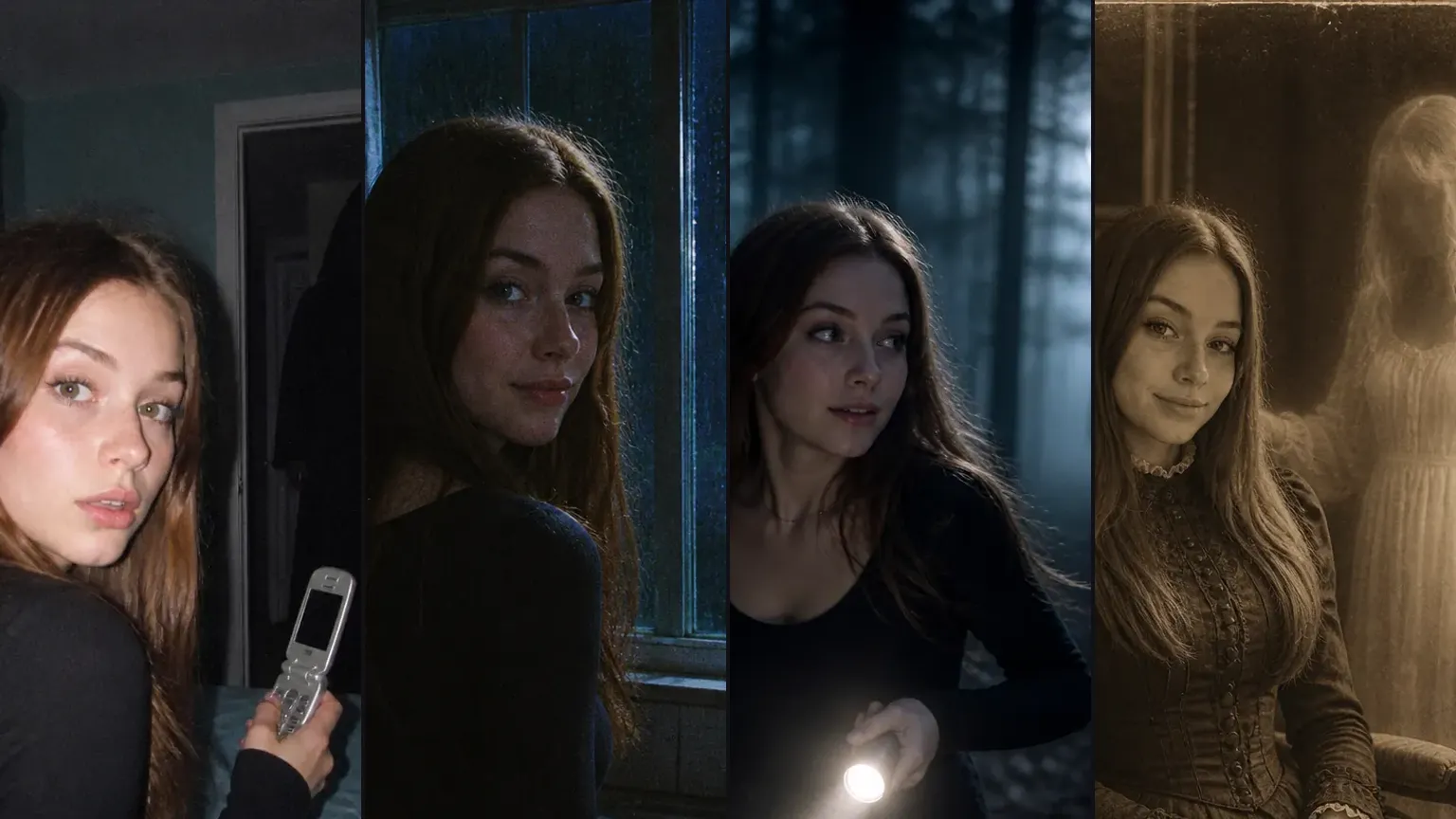 Four crops of the same woman's face: flash-lit bedroom, rainy blue window, foggy forest and sepia portrait