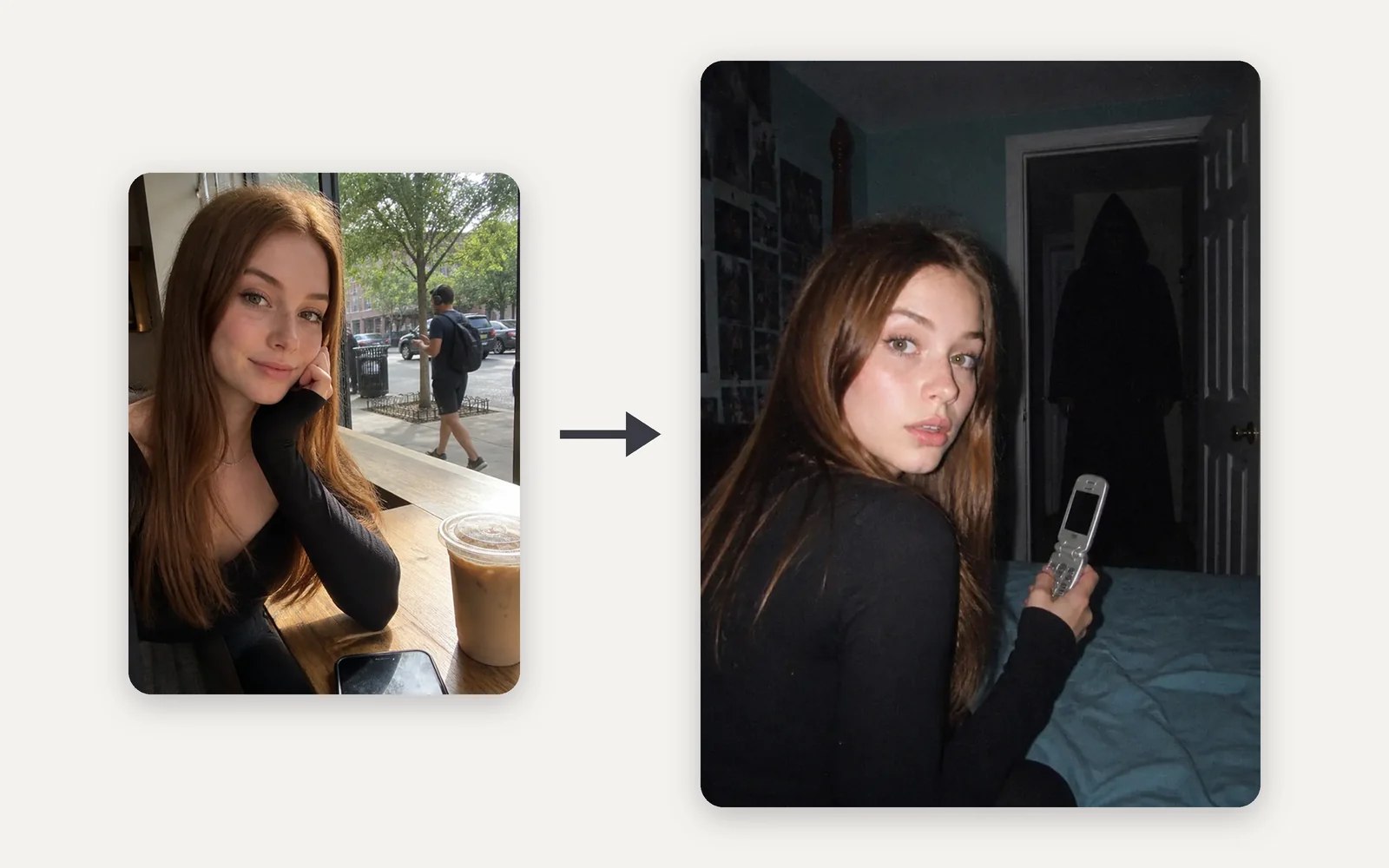 A casual café selfie of a red-haired woman, and the same woman in a flash-lit 2000s bedroom holding a flip phone, a hooded figure in the doorway behind her