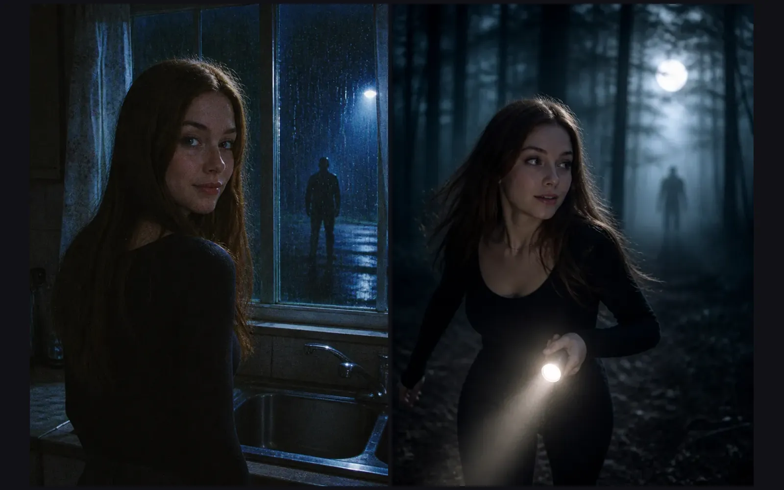 The same woman in two horror stills: at a rain-streaked kitchen window with a figure outside, and running through a foggy forest with a flashlight