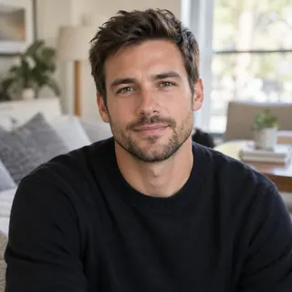 Half-body photo of a man with a blurred room behind him