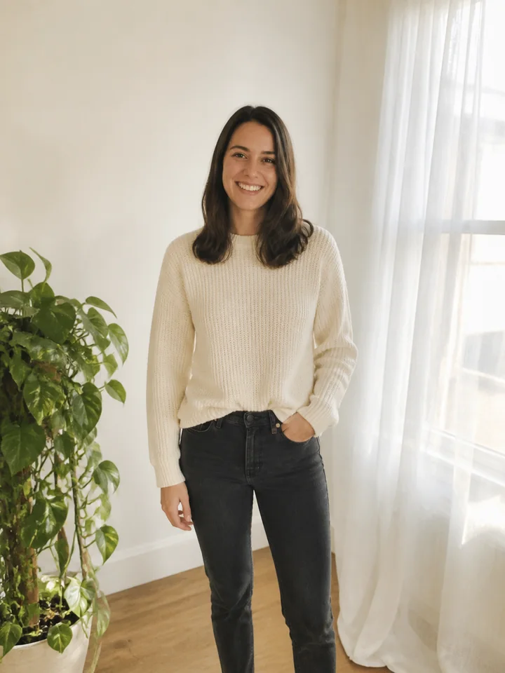 A smiling woman in a cream sweater photographed at home in daylight