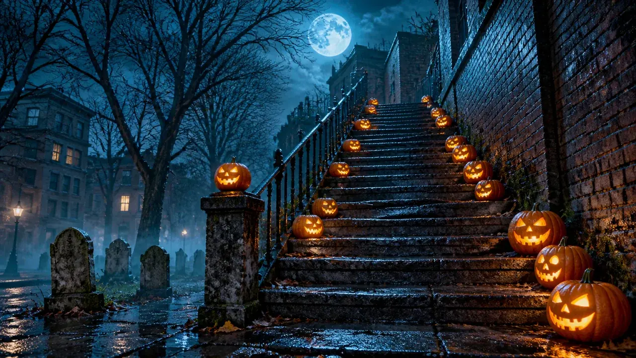 An empty stone staircase at night lined with glowing jack-o'-lanterns and tombstones under a full moon