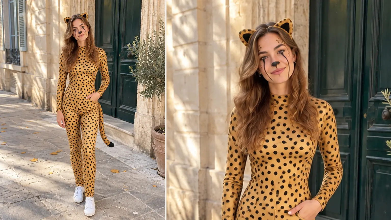 A young woman in a golden cheetah jumpsuit with solid black spots, small ears and a tail, with black tear lines painted from her eyes to the corners of her mouth