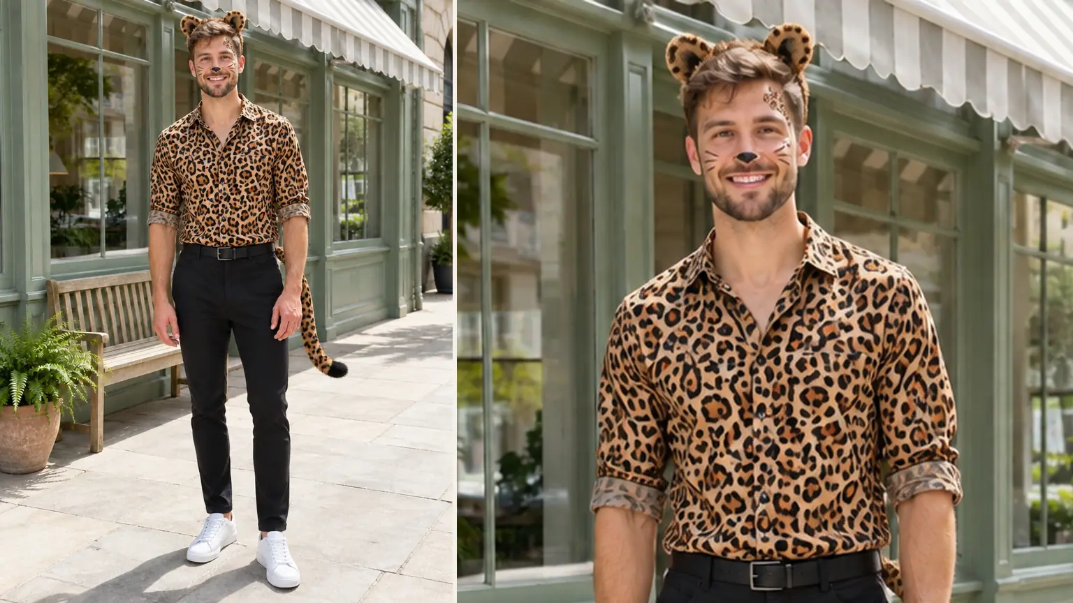 A young man on a sunny street in a leopard-print shirt, black trousers, round leopard ears and a tail, with whiskers painted on, next to a close-up of his face