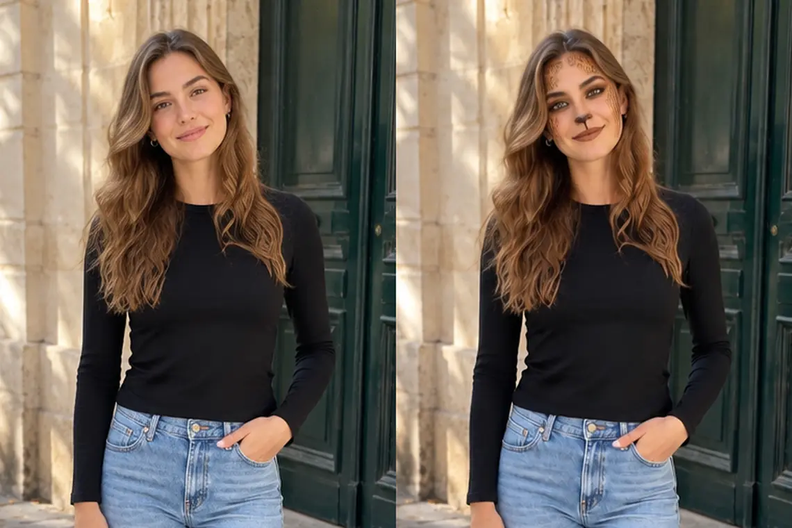 The same woman in a black top and jeans before and after: on the right only her face has changed, with brown rosettes at the hairline and temples, a dark nose and brown lips
