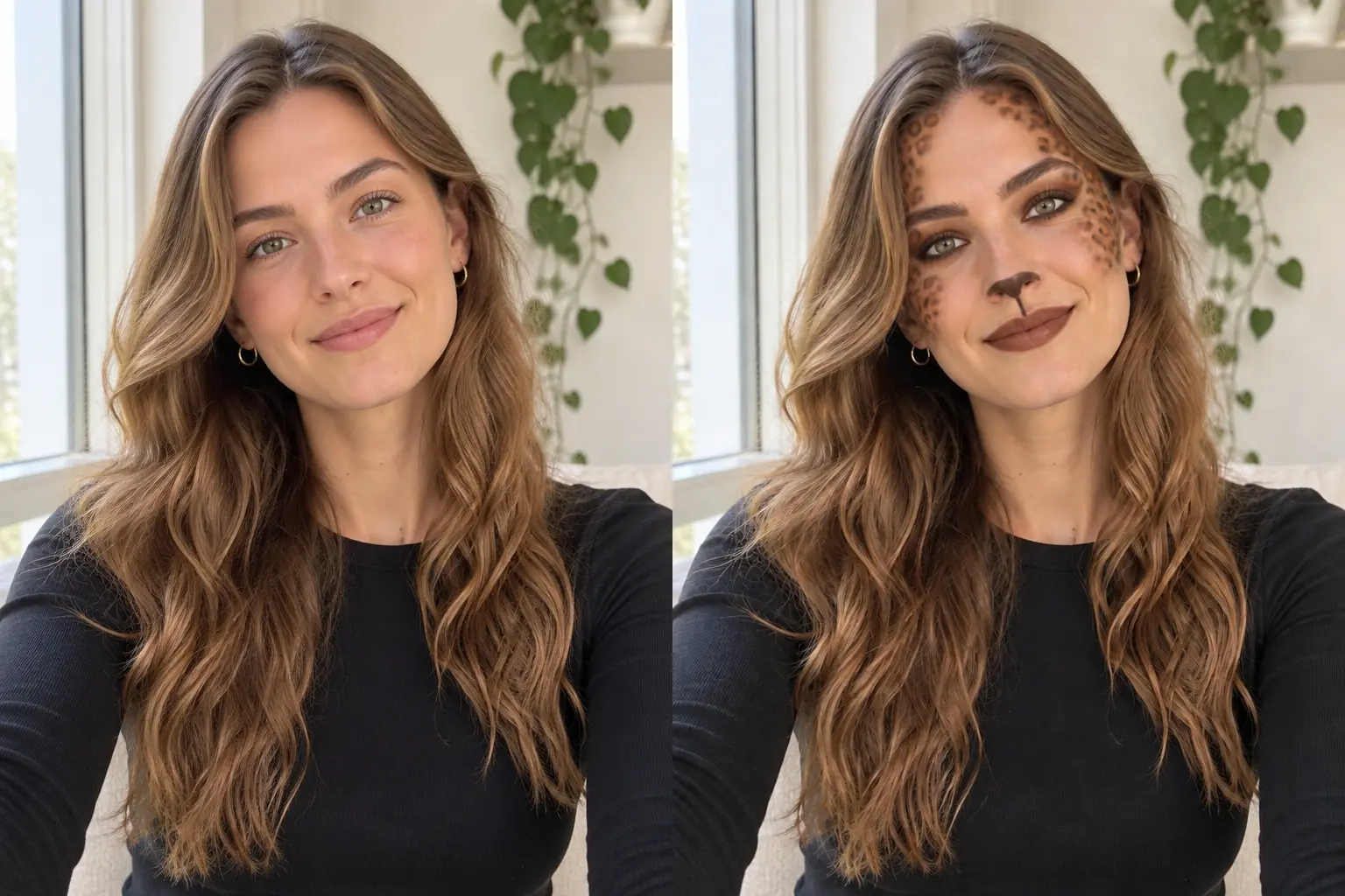 A woman’s close-up selfie by a window before and after leopard makeup: rosettes along her hairline and temples, smoky brown liner, a brown nose tip and brown lips
