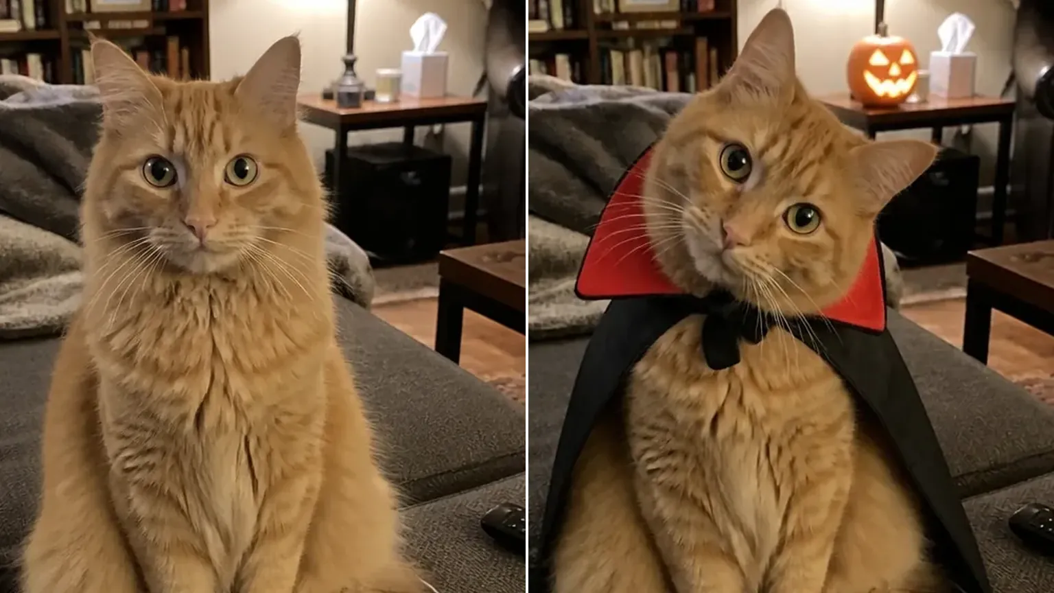 同一只橘猫换上吸血鬼斗篷前后的特写：同样的条纹、白下巴和金绿色眼睛