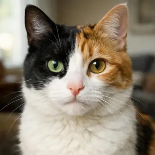 窗光下一只三花猫的脸，眼睛和斑块清晰
