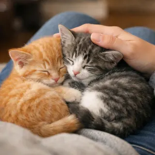 两只小猫蜷在一起，上面放着一只人手