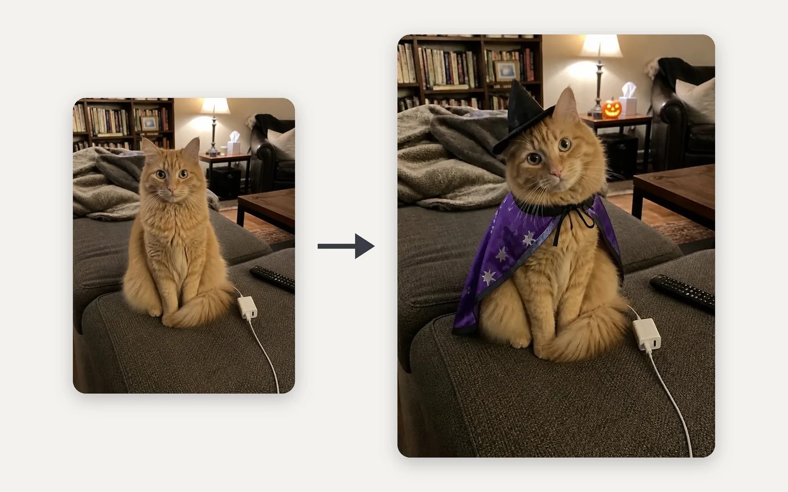 一只坐在沙发上的橘猫，然后同一只猫戴着黑色女巫帽、披着紫色星星斗篷，旁边南瓜灯亮着