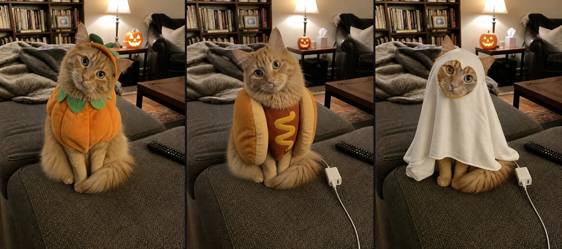同一只橘猫坐在沙发上穿着三套服装：南瓜装、热狗面包和白色幽灵床单