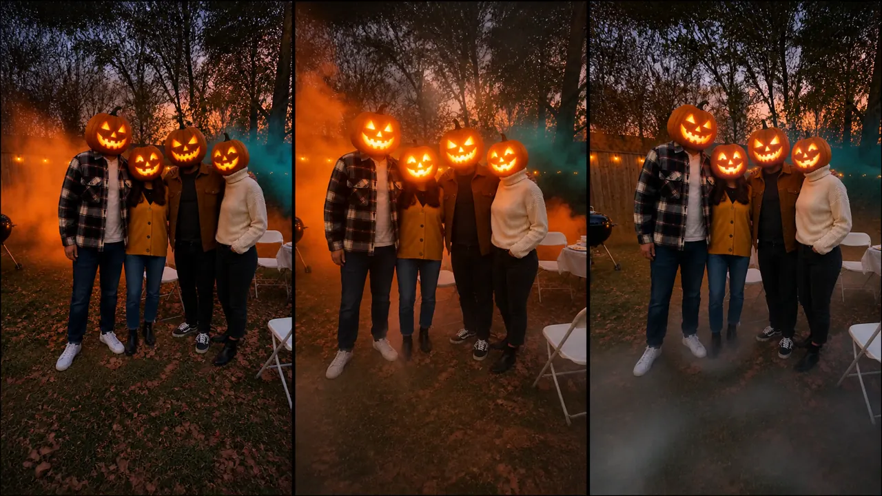 Three frames of the pumpkin head friends as the candle glow flickers and the smoke drifts across the lawn