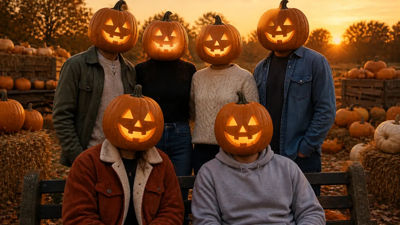 An AI pumpkin head photo of six friends on and around a park bench with glowing jack-o'-lantern heads in a golden-hour pumpkin patch