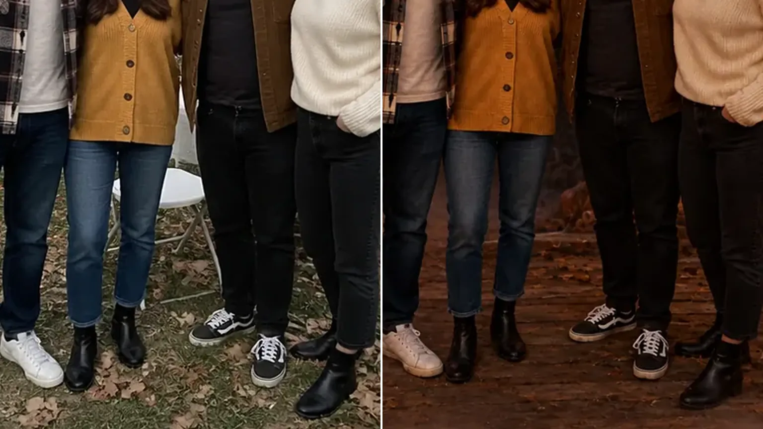 The same four outfits before and after, on a backyard lawn and on a candlelit porch