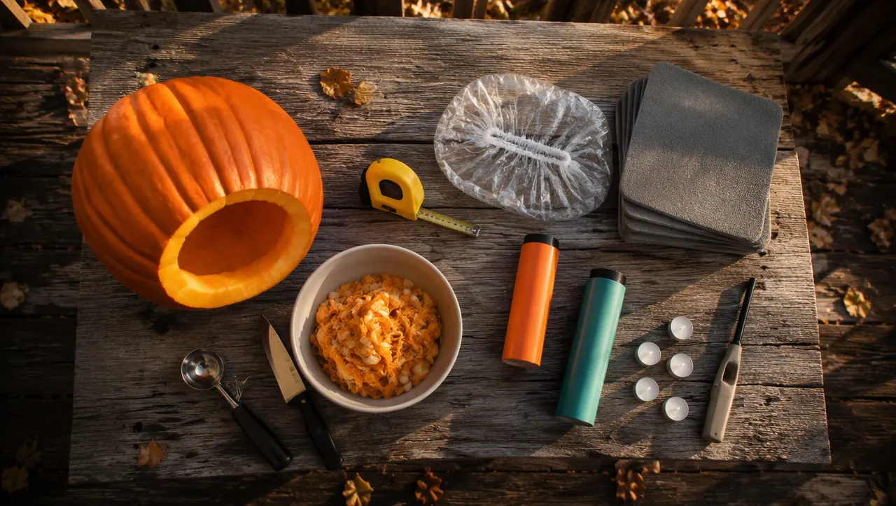 A hollowed-out pumpkin, carving tools, a tape measure, foam pads and smoke canisters on a porch table