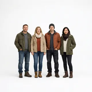 Four adults standing side by side, full length, on a white background