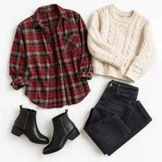 Flannel shirt, knit sweater, jeans and boots laid out on white