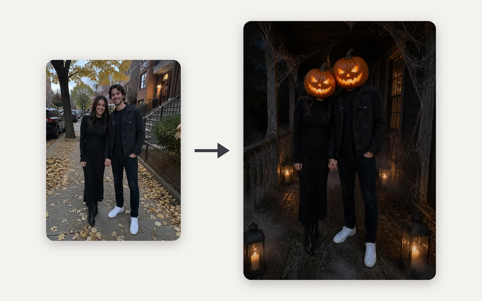 A couple's sidewalk photo next to the same couple with carved pumpkin heads on a candlelit porch at night