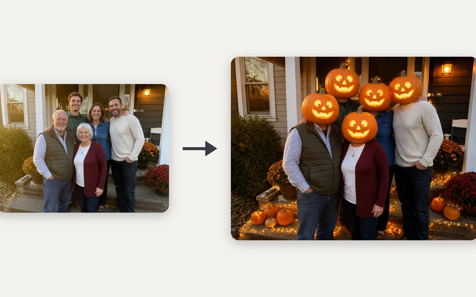 Five adults from three generations on their front steps, then the same family with smiling jack-o'-lantern heads and fairy lights