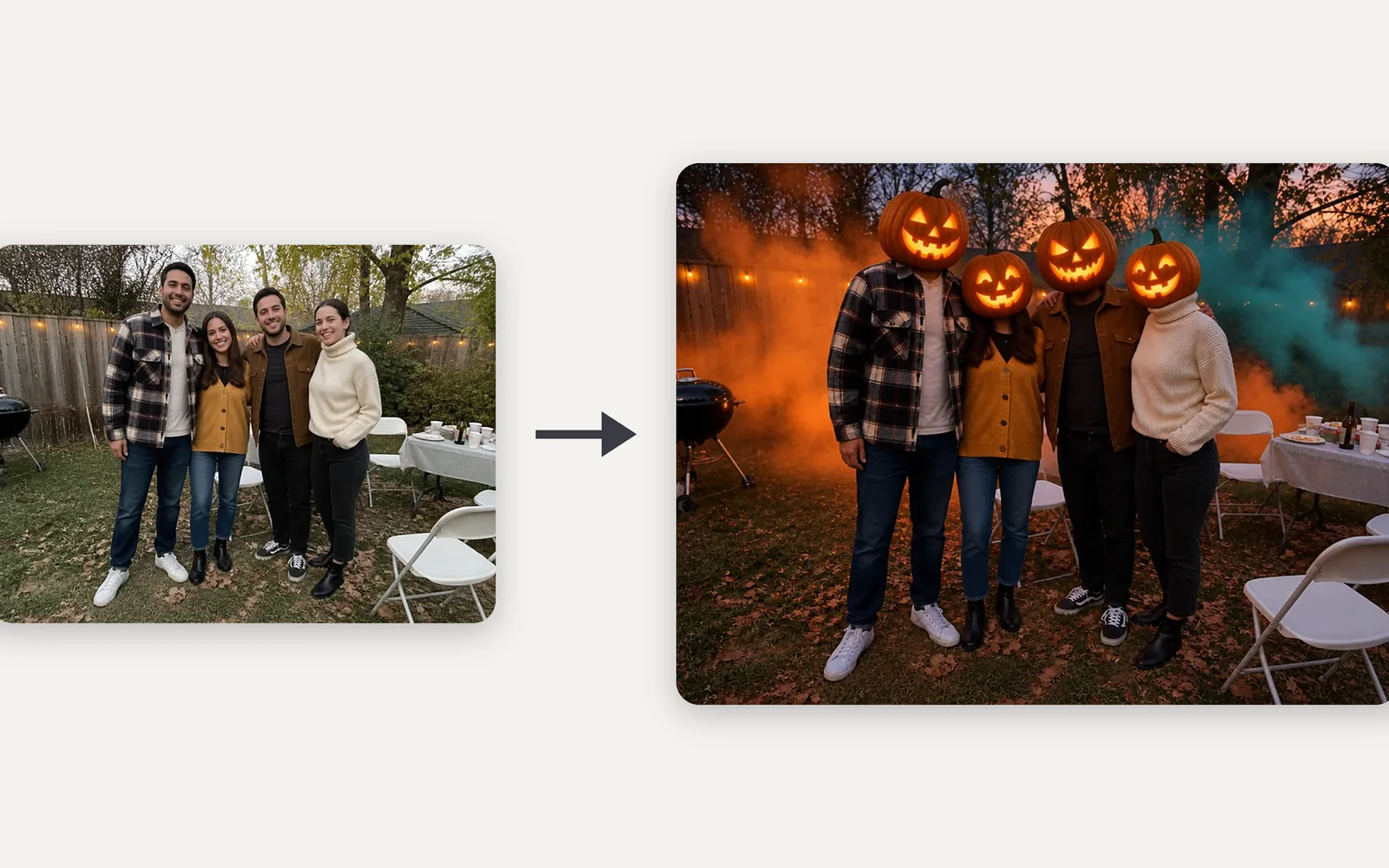 Four friends in a backyard before and after: same outfits and poses, now with glowing jack-o'-lantern heads and orange and teal smoke