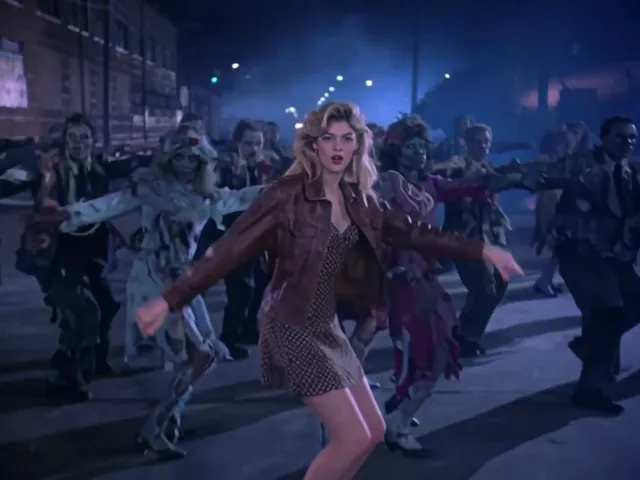 Wide shot of a night street: the lead swings her arms out with rows of Thriller zombie dancers behind her