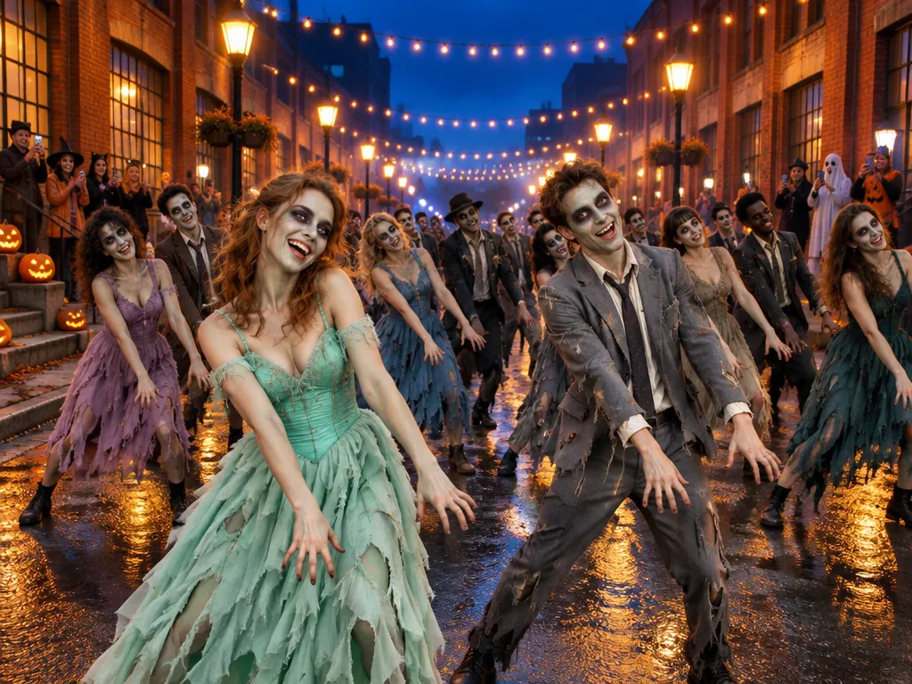 Adults in zombie makeup and torn costumes do the same claw-handed lean down a lamp-lit street while onlookers film