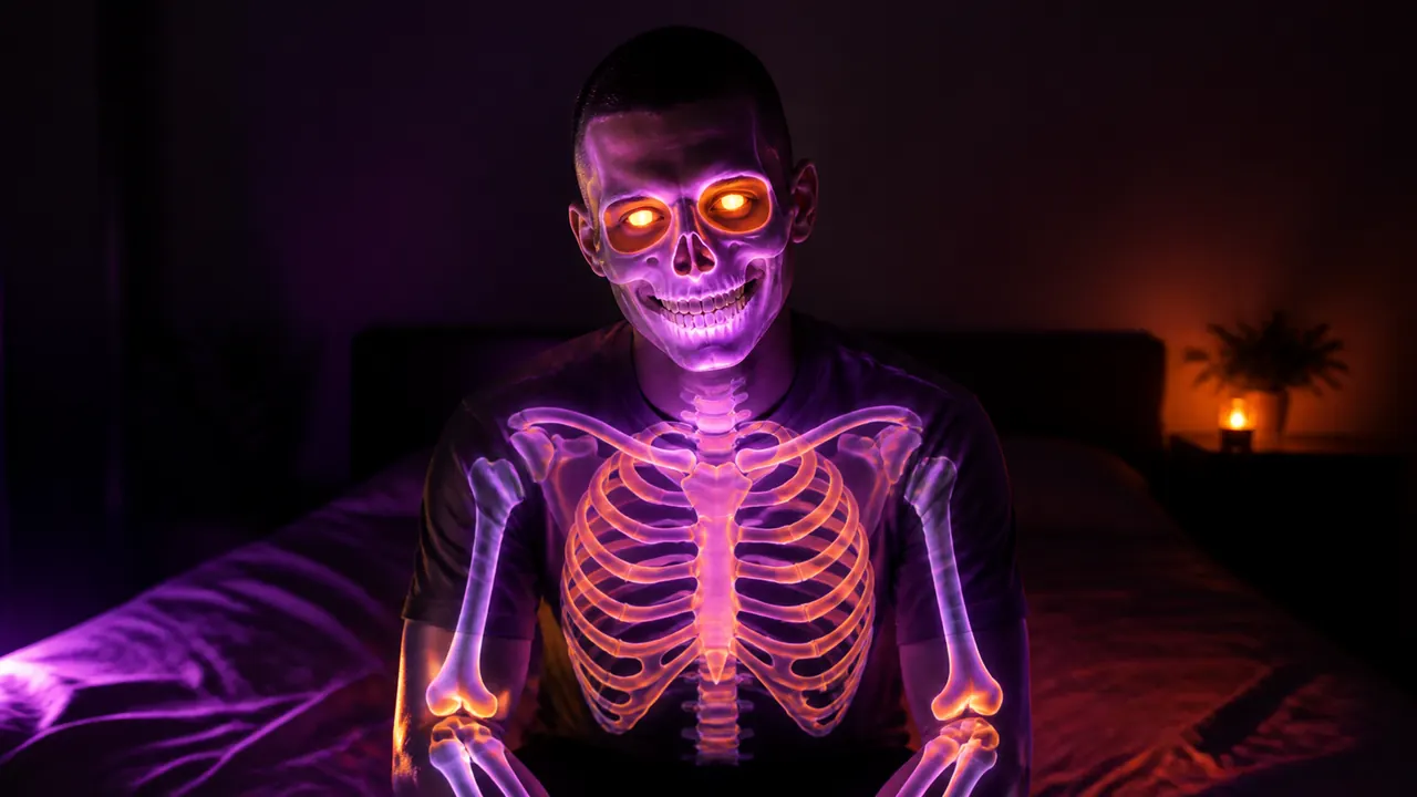 A young man glowing through as a neon purple and orange skeleton in his dark bedroom