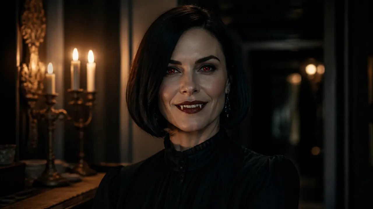 A woman as an elegant vampire with pale skin, red eyes and small fangs, lit by a candelabra