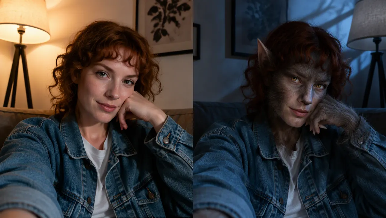 A woman on her sofa, and the same woman as a werewolf with fur, pointed ears and amber eyes, same lamp and jacket
