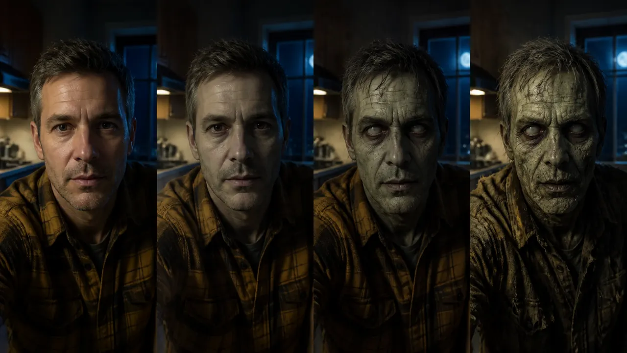 Four stages of a man's zombie transformation in his kitchen, from normal skin to a grey-skinned zombie with clouded eyes